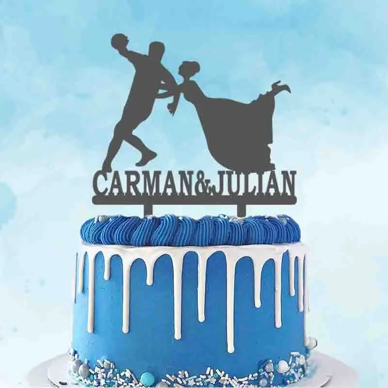 

Personalized Handball Player Wedding Cake Topper Custom Couple's Name Bride and Groom Playing Handball Silhouettes Cake Topper