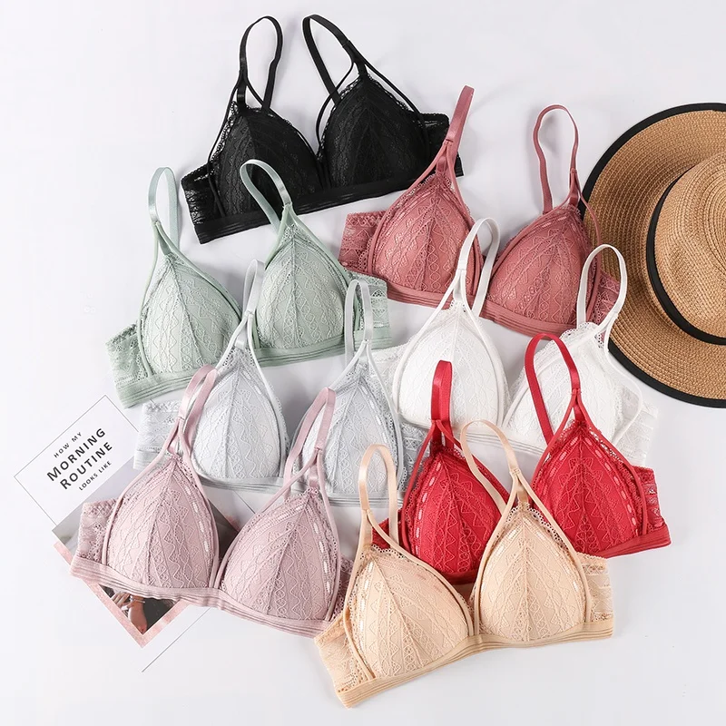 

French Style Bralette Seamless Deep V Lace Trim Bra Back-Breasted Bras Adjustable Gather Underwear For Women