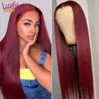 Красный бордовый 99J Цветной прямые кружевные передние человеческие волосы парики предварительно вырезанные Lucky Queen бразильские прямые волосы парики для Для женщин