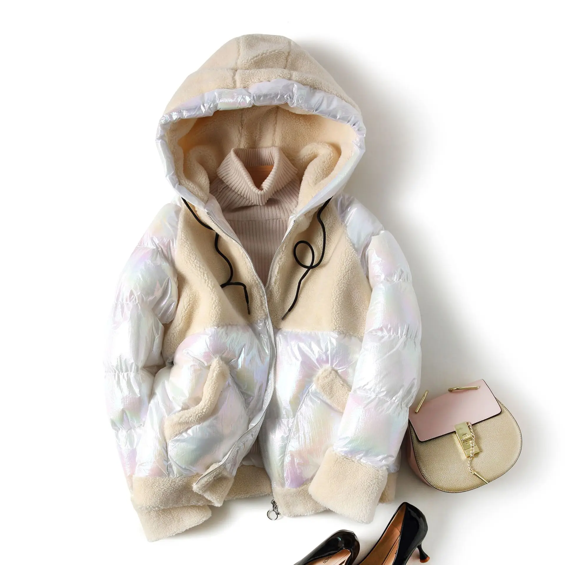 

Preppy Style Ladies Winter New Hooded Thick Parka Women Fashion Lambswool Patchwork Coat Casual Short Long Sleeve Jacket