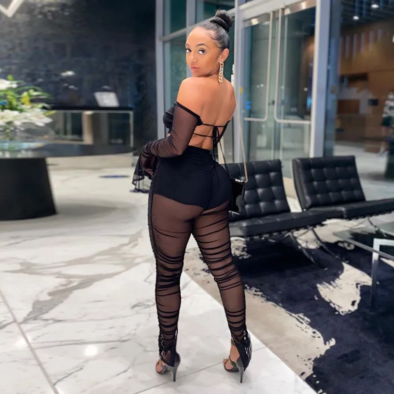 

Fashion Mesh See Through Two Piece Set Long Sleeve Crop Top and Pants Sexy Summer Spring Club Outfits Women Clothes Lounge Wear