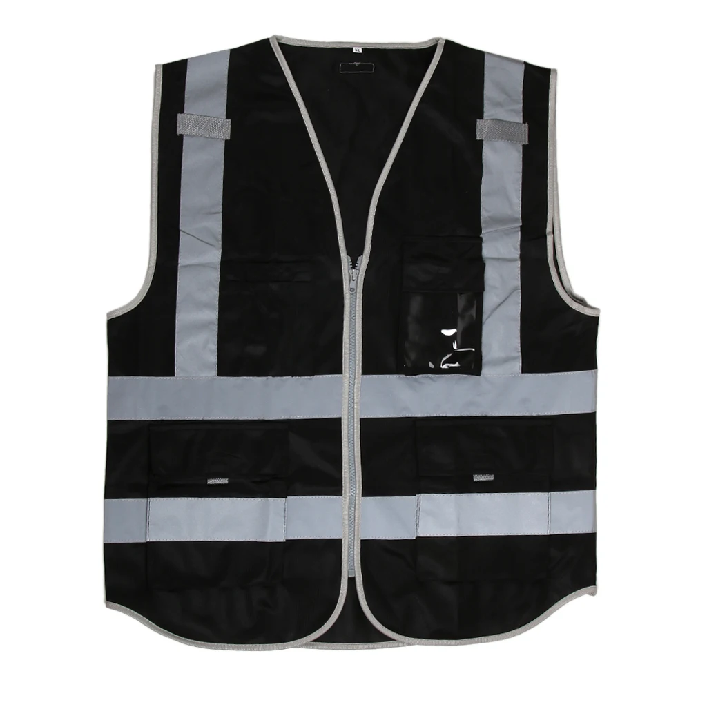 black Hi-Vis жилет безопасности W/Zipper Светоотражающая куртка безопасности жилет 4 кармана пальто безопасности рабочая одежда 73 см - Цвет: black
