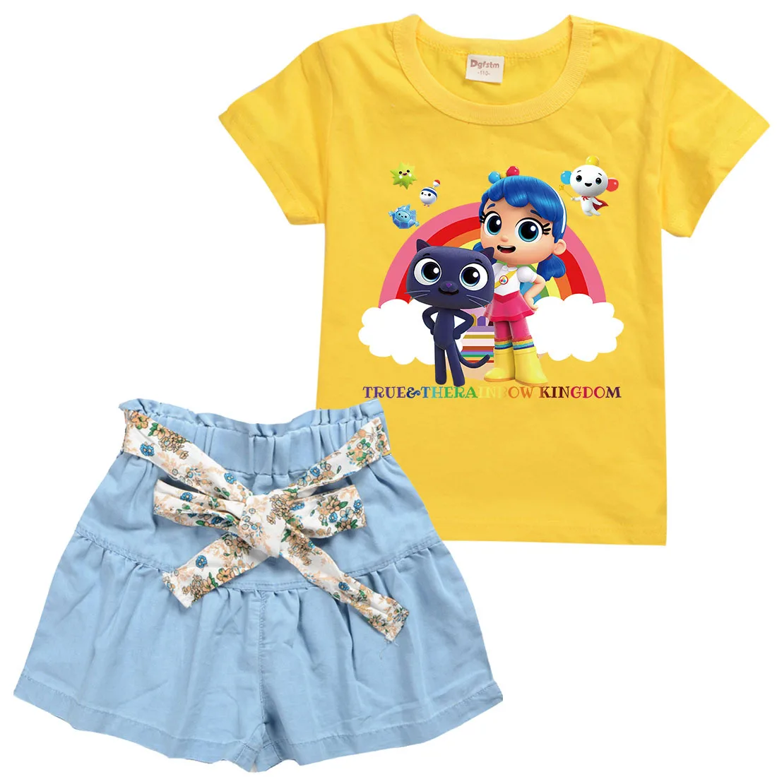 

Fashion True Rainbow Kingdom Clothes Baby Girls Cotton Short Sleeve T Shirts A-Line Denim Shorts 2pcs Sets Kids Summer Clothing