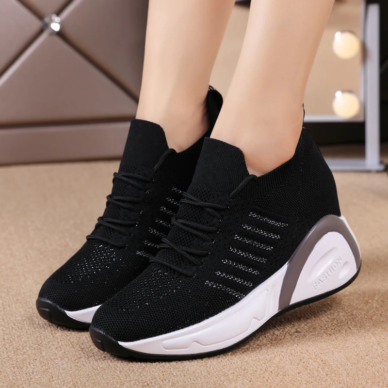 

Кроссовки женские на танкетке, модная Повседневная дышащая вязаная обувь, на шнуровке, лето 1768