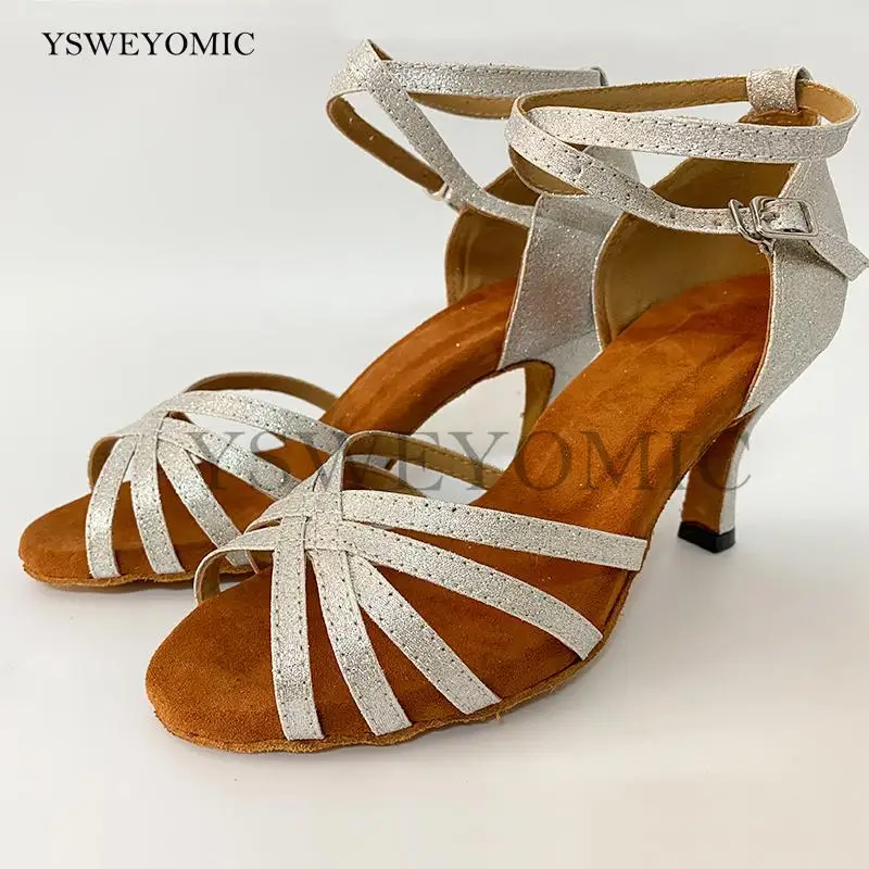 Woman Latin Dance Shoes Silver Gold for Girls Glitter High Heel Salsa Bachata Dancing Shoes Women Soft Sole Ballroom Dance-shoes