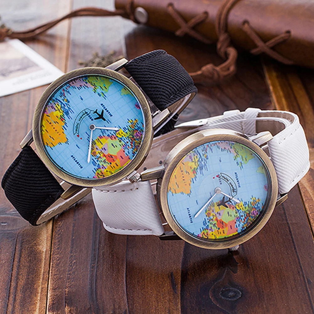 

Popular Brand Luxury Women's World Map Dial Denim Fabric Strap Analog Quartz Students Wrist Watch montre homme watch