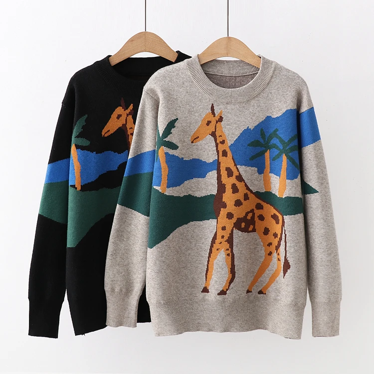 Свитер с круглым воротником и рисунком оленя Сезон Зима коллекция 2019 года милые
