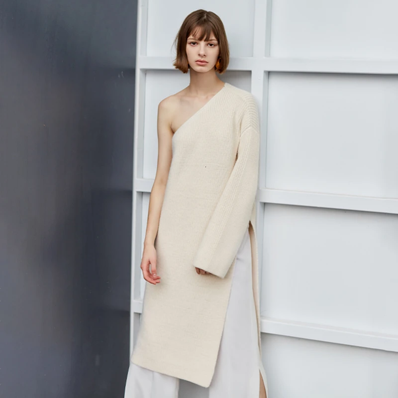 TWOTWINSYLE Casual Knitting Sweater For Female Irregular Collar Long Sleeve One Shoulder Side Split Sweaters Women Fashion Tide | Женская
