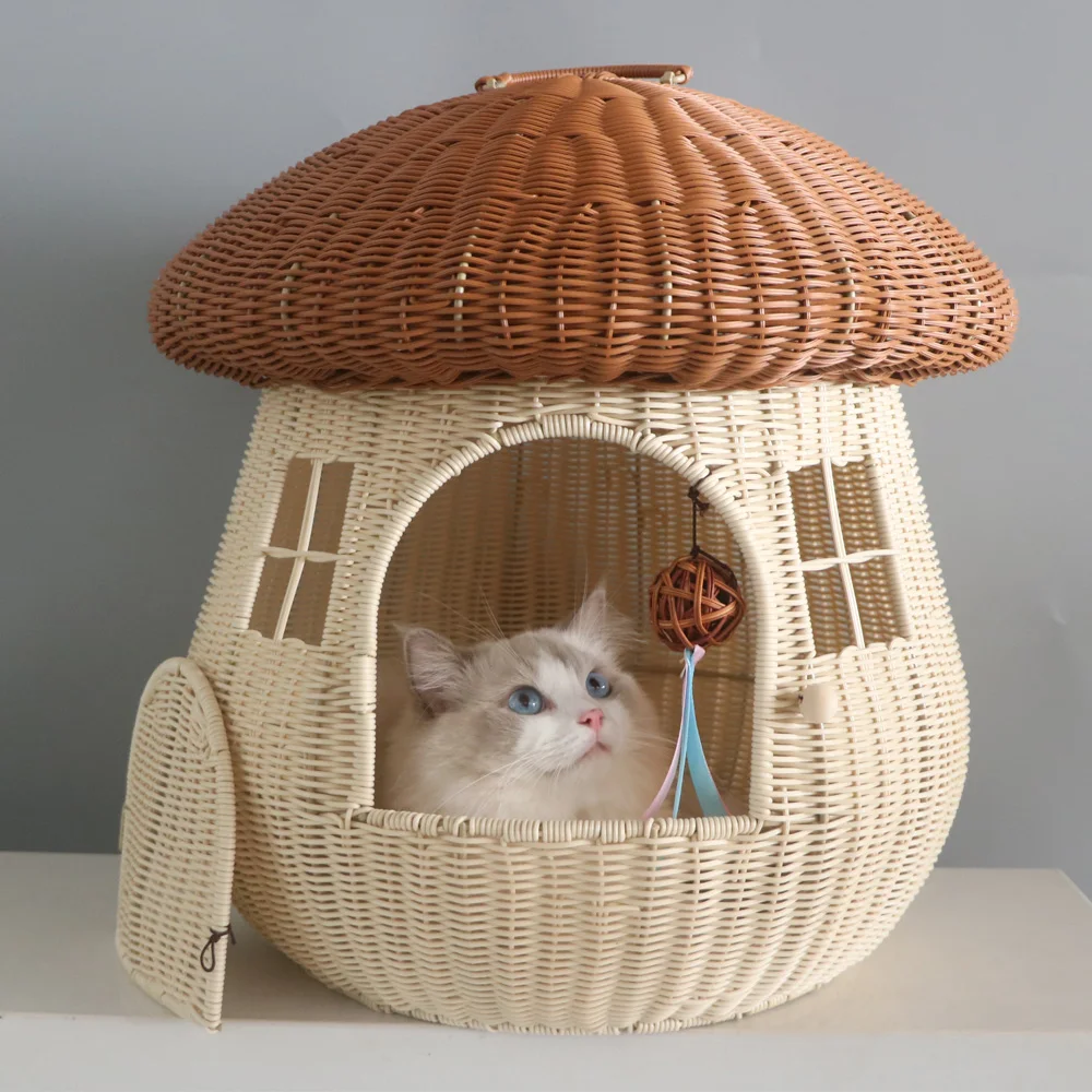 

Cat Nest Four Seasons Universal Mushroom House Pet Supplies Winter Warm Rattan Closed Baby Cat House Removable and Washable