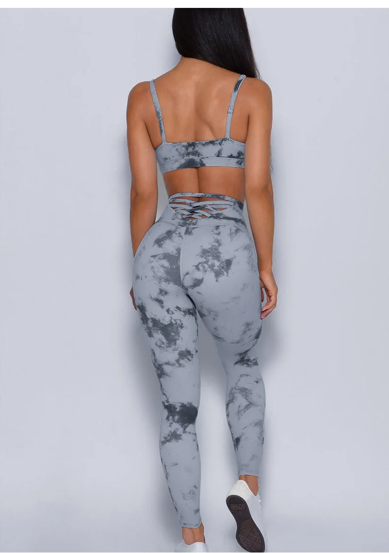 

2 Pieces Seamless Tie Dye Lace Up Yoga Set Women Breathable Sports Bra Elastic Leggings Hollow Out Workout Gym Tracksuit