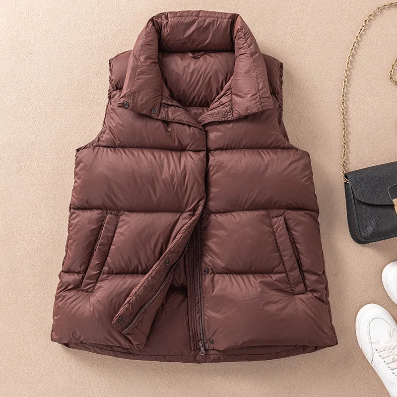 

Autumn Women's White Duck Down Vest Super Light Down Printing Vest Jacket Winter Lapel Neck Slim Sleeveless Jacket