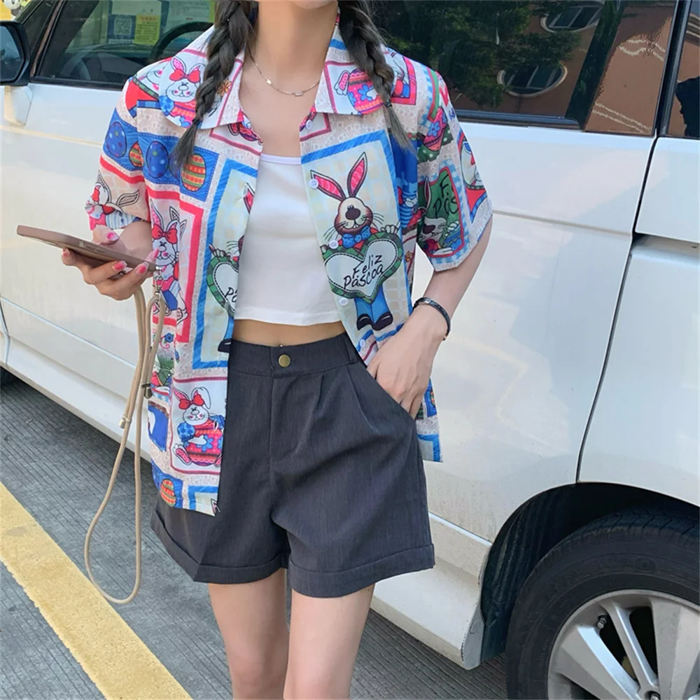 

Japanese college style retro Hong Kong flavor cute fairy tale world rabbit print student short-sleeved chiffon shirt women summe