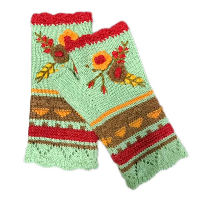 

Women Winter Chunky Knit Texting Fingerless Gloves Ethnic Vintage Multicolor Striped Crochet Floral Thumb Hole Mittens