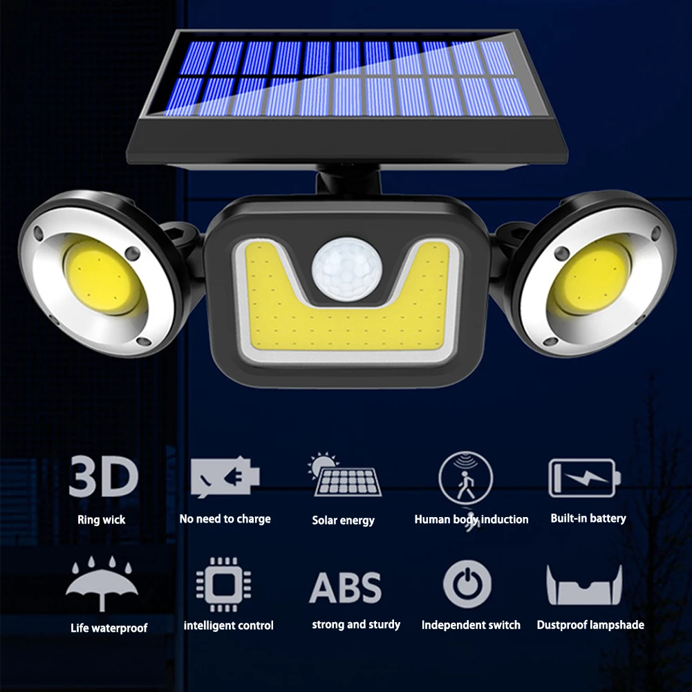 

15W COB LED Solar Wall Lamp PIR Motion Sensor Courtyard Street Light Waterproof 3 Head Rotatable Garden Square Highway Lamp