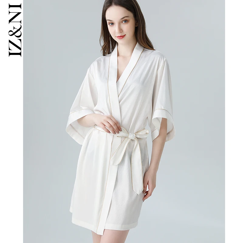 

★IIZZINI 2021 robe female chun xia ice silk thin contracted white with loose leisurewear bathrobe morning gown