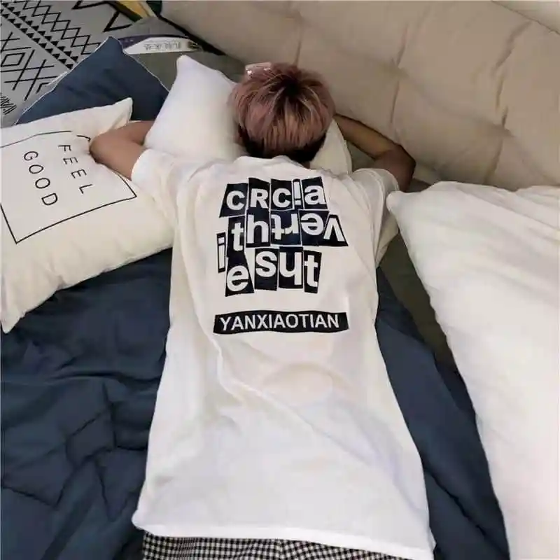 

Summer Letters Short-sleeved Punk T-shirt Men Women Tshirt New Korean Casual Loose Couples Printing Half Sleeve Student Trend