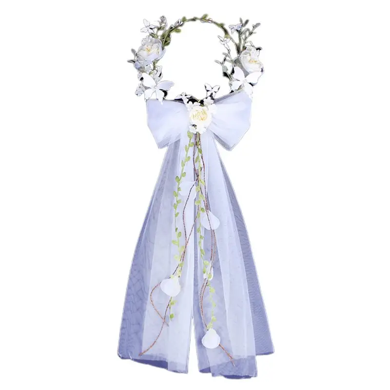 

Women Bow Garland Headdress Hand-knitted Bride White Rose Wedding Dress Accessories Photography Head Veil