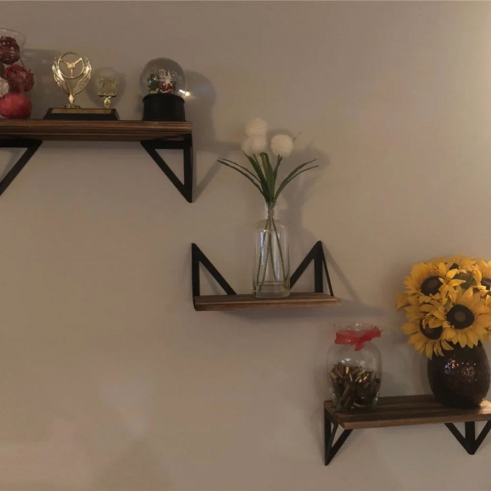 

3Pcs Creative Bathroom Shelving Wood Storage Rack Hooks Triangle Iron Art Board Wall ShelfWood Color