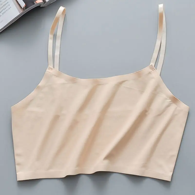 

Women Girls Summer Ice Silk Crop Top Spaghetti Strap Seamless Bralette Solid Color Wire Free Basic Stretch Camisole Vest