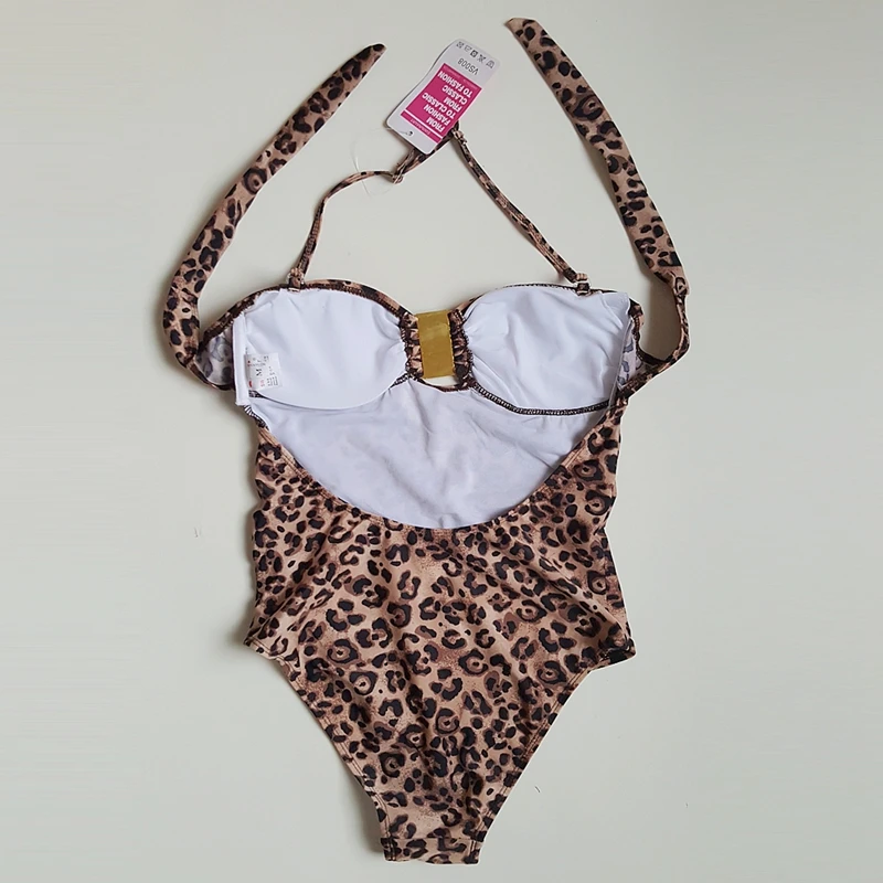 

Vintage Leopard Print Girls Swimwear Buckle Center Swimsuit Adjustable Neck Halters Sports One Piece Swimsuit Women