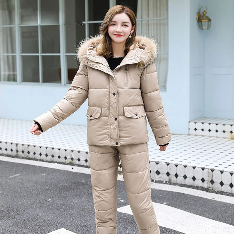 Fitaylor Winter Large Natural Fur Collar Jumpsuit Pants Set Women Outdoor Clothing Snow Suits 2 Piece Cotton Bodysuit Pant Coats |