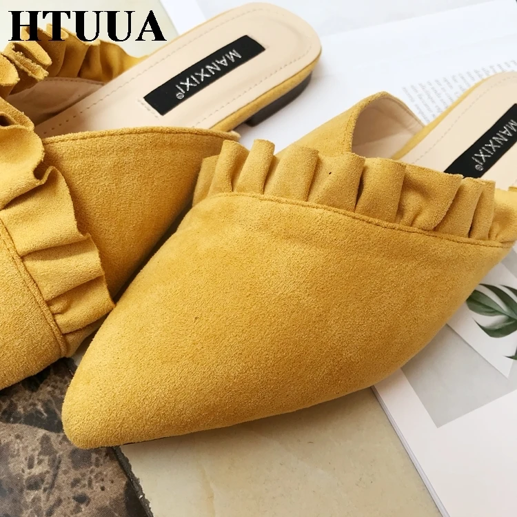 HTUUA/высококачественные Мягкие Шлепанцы из флока; женские туфли без задника; сезон весна-лето-осень; женская обувь; шлепанцы на плоской подошве; SX1311