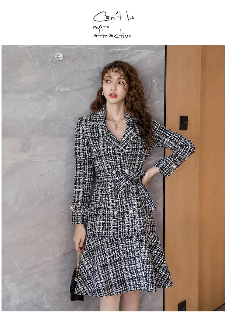 Autumn Winter Pink Plaid Tweed Wool Long Coat Women Notched Double Dreasted Sashes Ruffles Woolen Overcoat Mermaid Outerwear