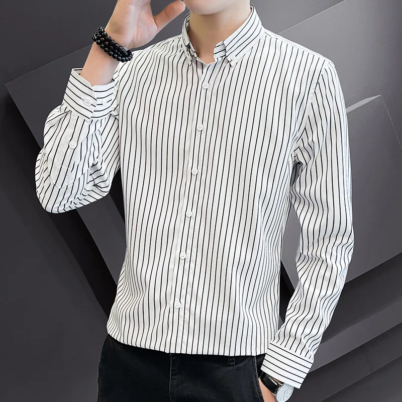 

2021 version of striped shirt men's long-sleeved slim shirt youth handsome casual shirt