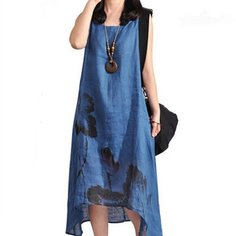 Женское платье из хлопка и льна с круглым вырезом без рукавов | Женская одежда
