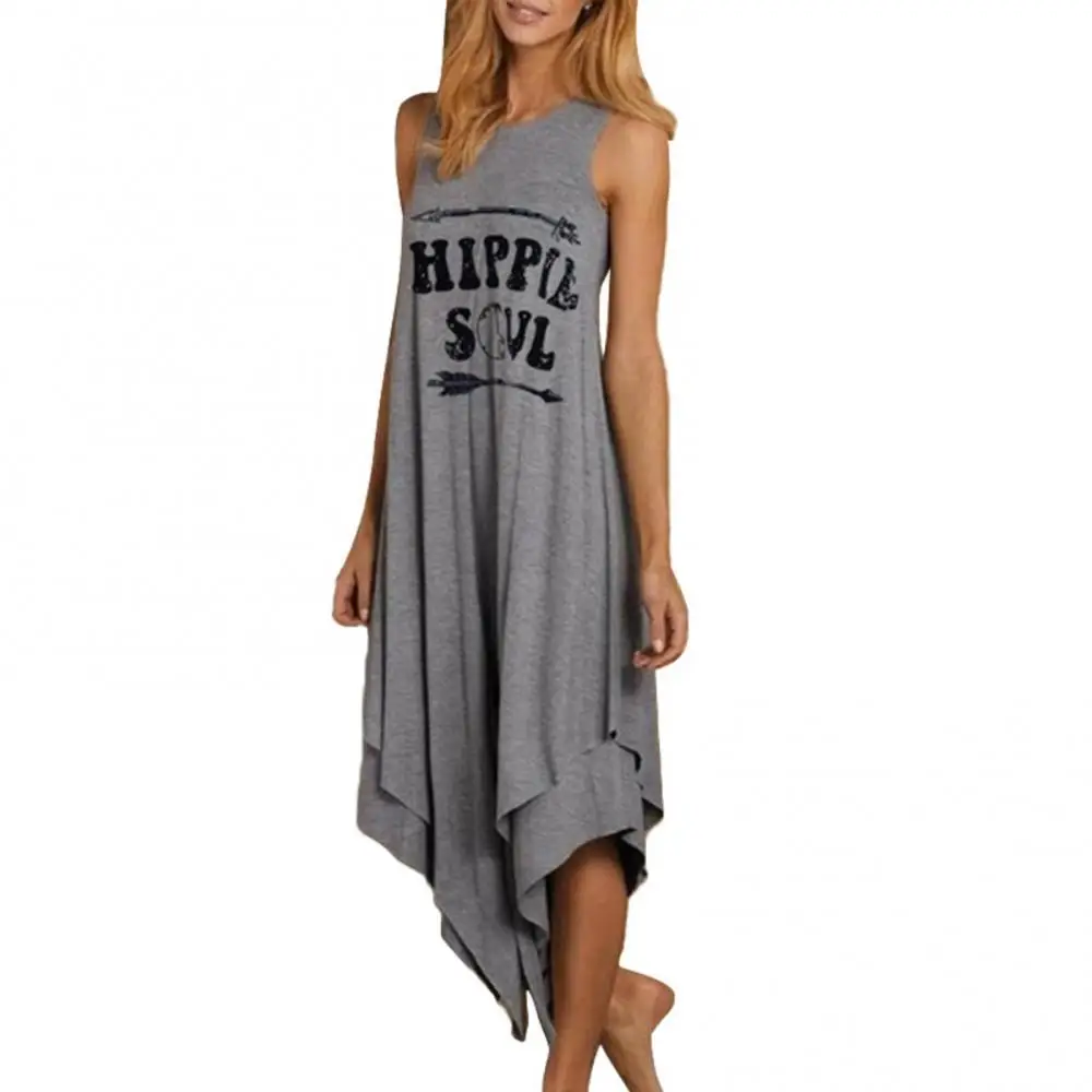 

40%HOT Women Sleeveless O Neck Arrow HIPPIE SOUL Print Irregular Hem Long Tank Dress