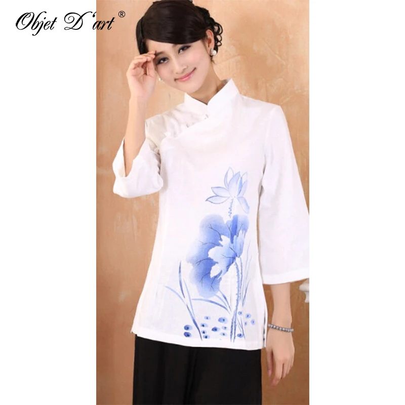 Новинка модные женские топы Ципао с цветочным принтом рукав три четверти рубашка