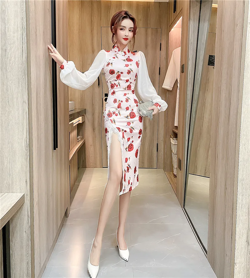 

Socialite Retro Elegant Sexy Goddess-Style Chinese Style Improved Fashion Chiffon Sleeves Stitching Lace Split Dress