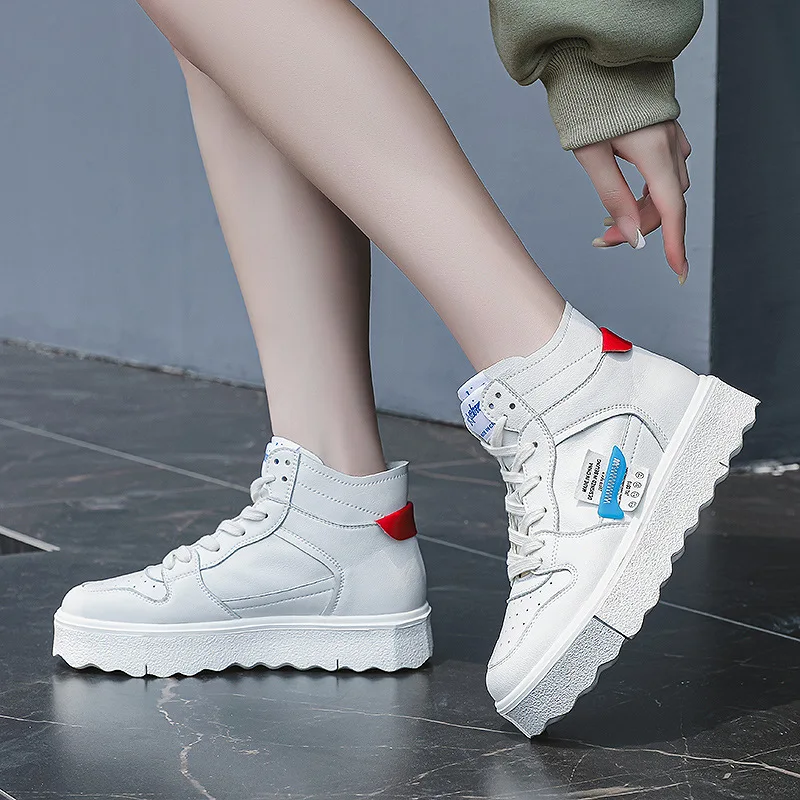 

Genuine leather white shoes women's high top single shoes 2021 autumn new thick-soled women's shoes all-match lace casual shoes