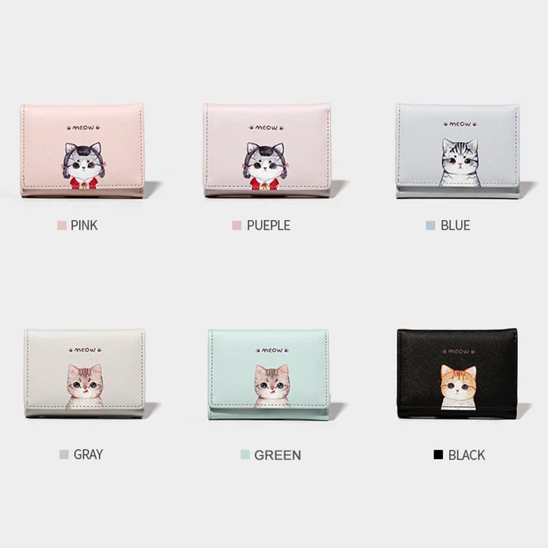 Дизайнерский женский кошелек с милым котом 2021 маленький из искусственной кожи