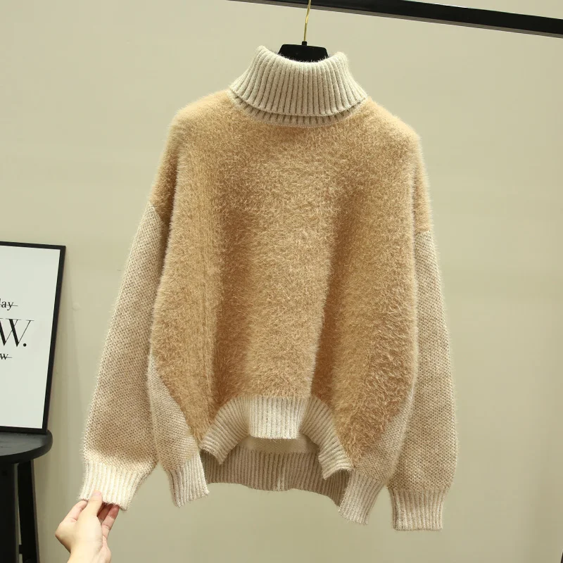 2021 Winter Turtleneck Patchwork Women Sweaters Loose Thicken Warm Lady Elegant Pulls Fashion Outwear Coat Tops | Женская одежда
