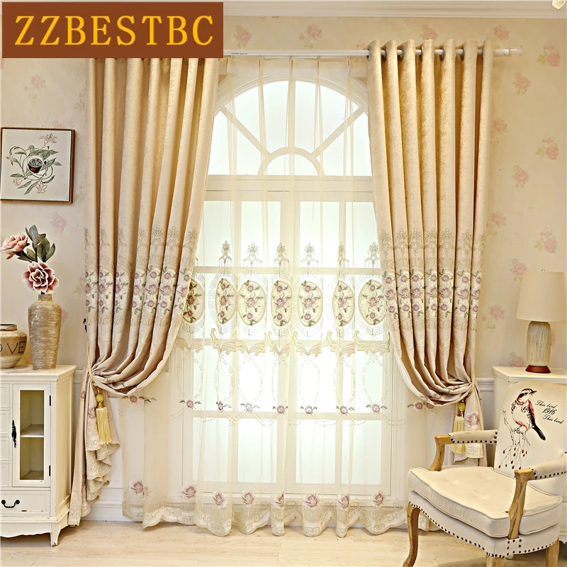 

ZZBESTBC European And American Luxury Custom Beige Brown Blue Purple Bedroom Living Room Kitchen Embroidered Blackout Curtains