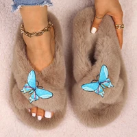 women slippers luxury brand furry slides blue butterfly faux fur slippers flat sandals fluffy flip flops female shoes 2022 new