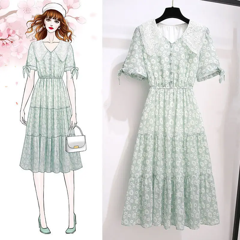 

2021 Summer New Mid-length Skirt Plus Size Women's Clothing Lace Lapel Short-sleeved Floral Dress Girl Thin Temperament Skirt