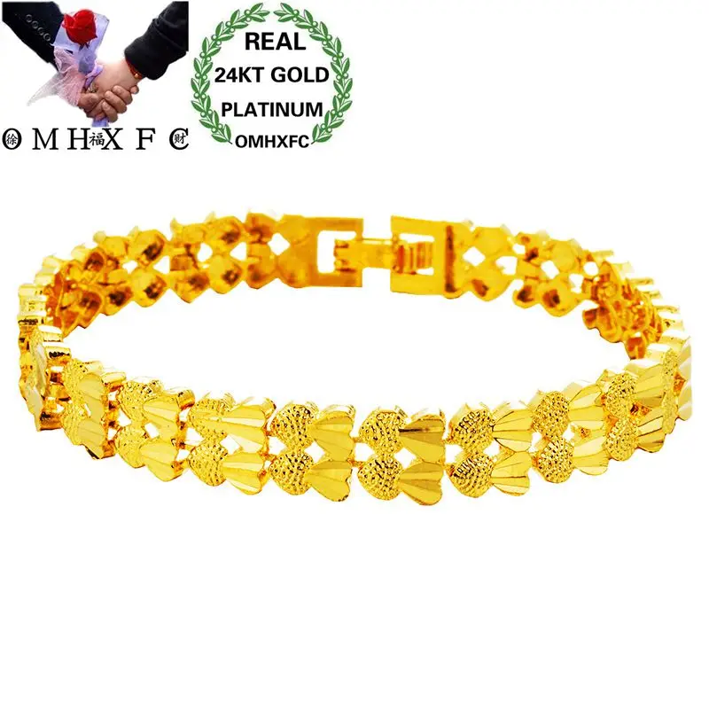 

OMHXFC Wholesale European Fashion Woman Girl Party Birthday Wedding Gift Vintage Elegant Heart Link 24KT Gold Bracelets BE258