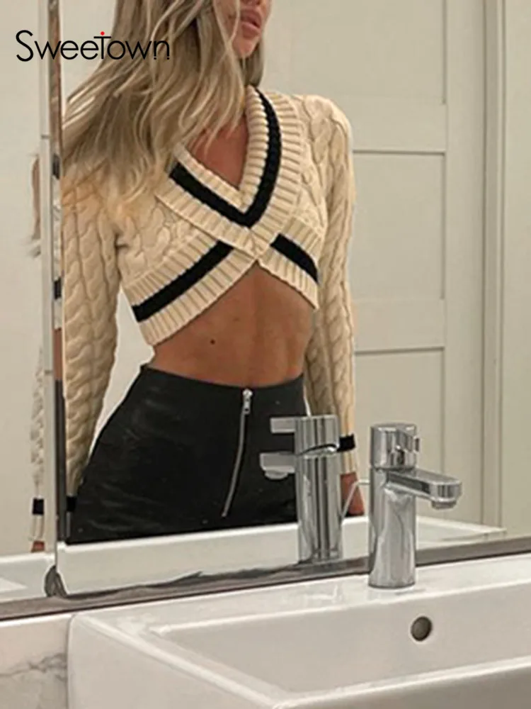 

Sweetown Cross Stripe Cropped Sweaters Women Y2K Aesthetic Cute Kawaii Knitwear V Neck Slim Long Sleeve Autumn Jumpers Vintage