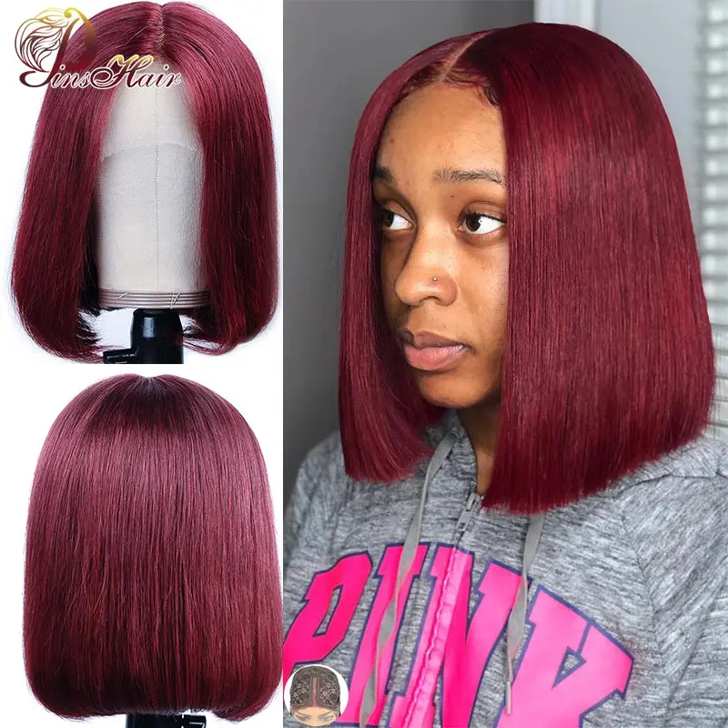 

Straight 99J Short Bob T Lace Part Wigs Burgundy 13x1 Lace Part Human Hair Wigs Brazilian Pre plucked 150% Density Pinshair Remy