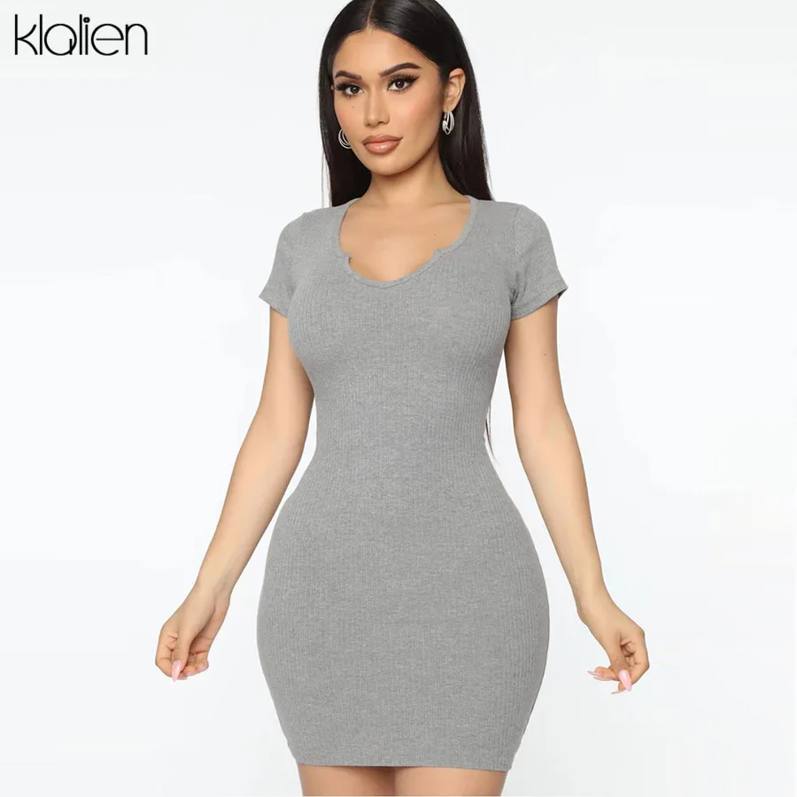 KLALIEN female casual soft slim bodycon dress summer new fashion office lady high street leisure solid mini women | Женская одежда