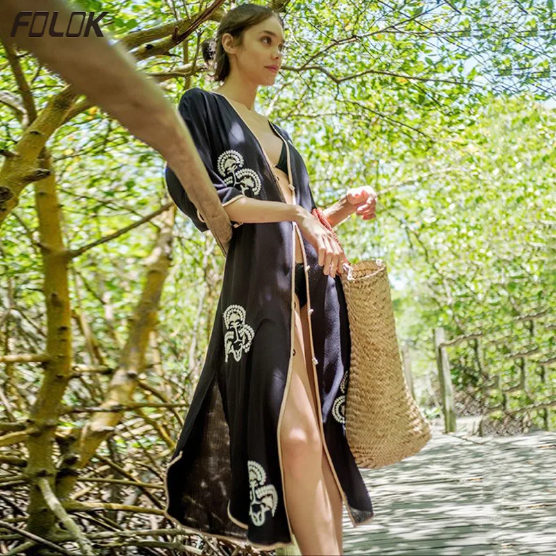 Черное хлопковое пляжное платье летний купальник накидка туника с вышивкой