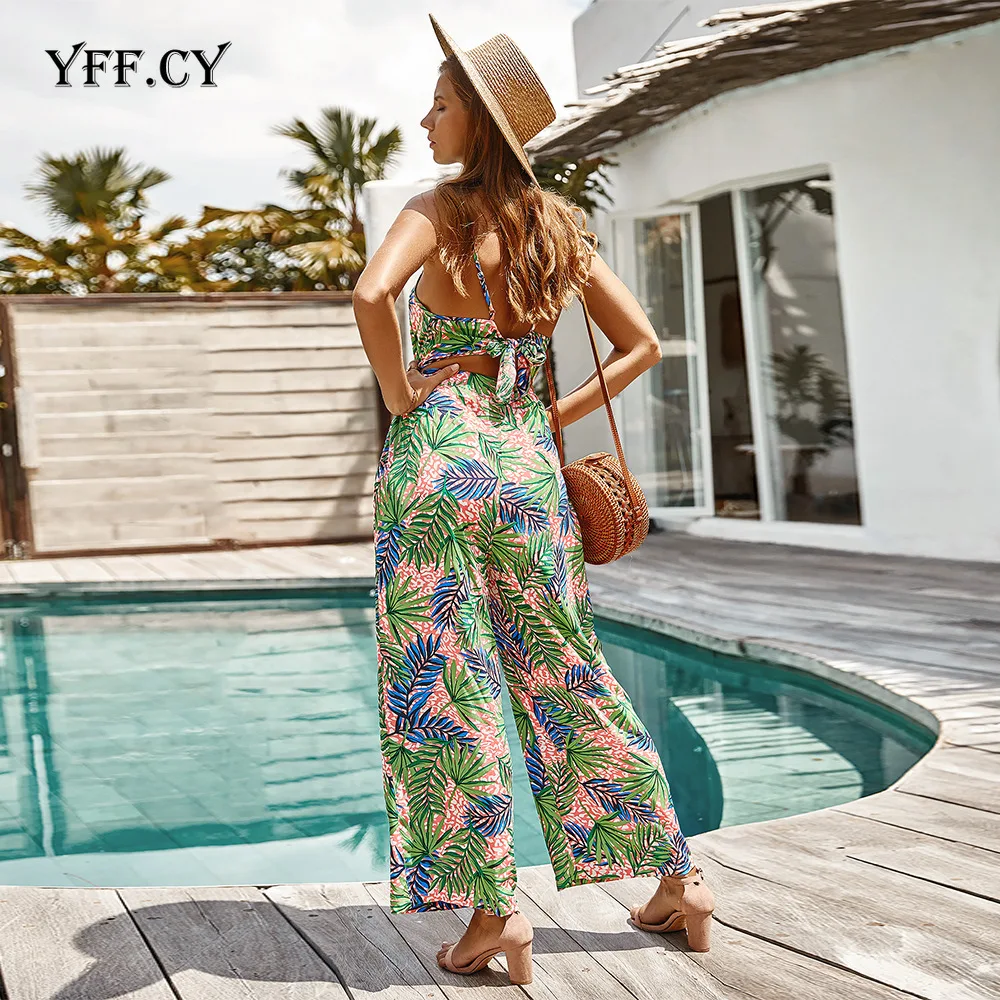 Elegant Fashion Floral Print sexy backless Women Jumpsuits Bohemian Spaghetti Strap Playsuit Summer Casual Beach female Rompers