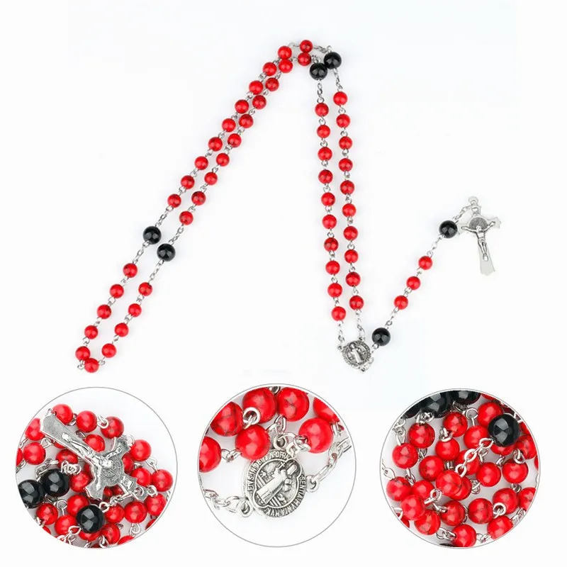 

Religious Jewelry Jesus Christian Catholic Virgin Mary Pendant Natural Red Pine Stone Cross Fashion Rosary Necklace