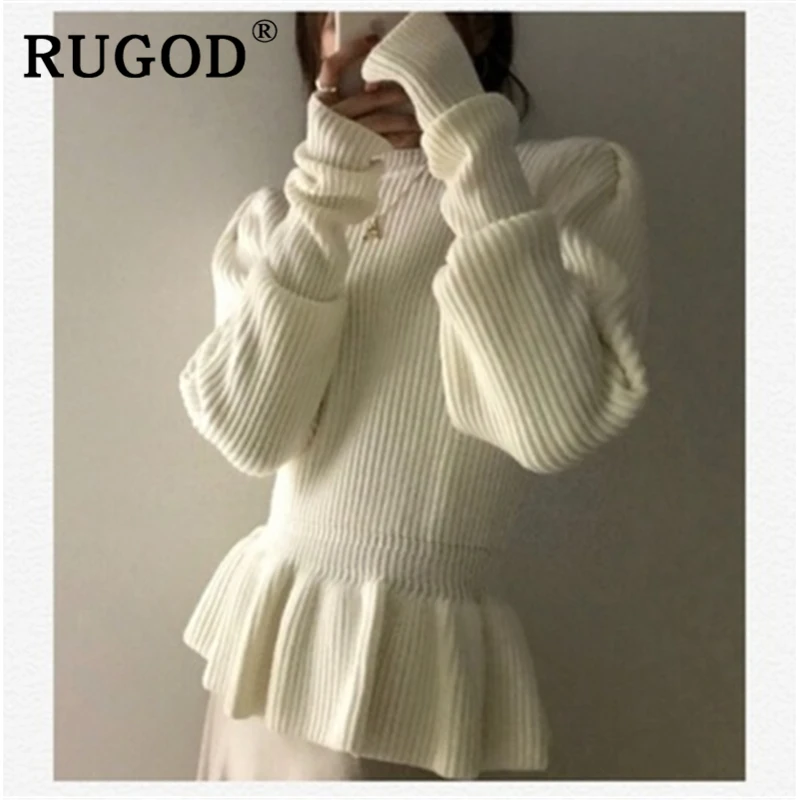 RUGOD Korean chic white sweater women elegant Ruffles puff sleeve slim knitted pullovers Fashion office ladies Winter knitwear | Женская