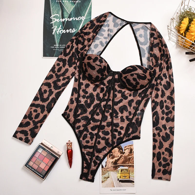 Cryptographic Fall 2020 Leopard Print Fashion Push Up Sexy Bodysuit Long Sleeve Women Top Party Club Female Bodysuits Streetwear