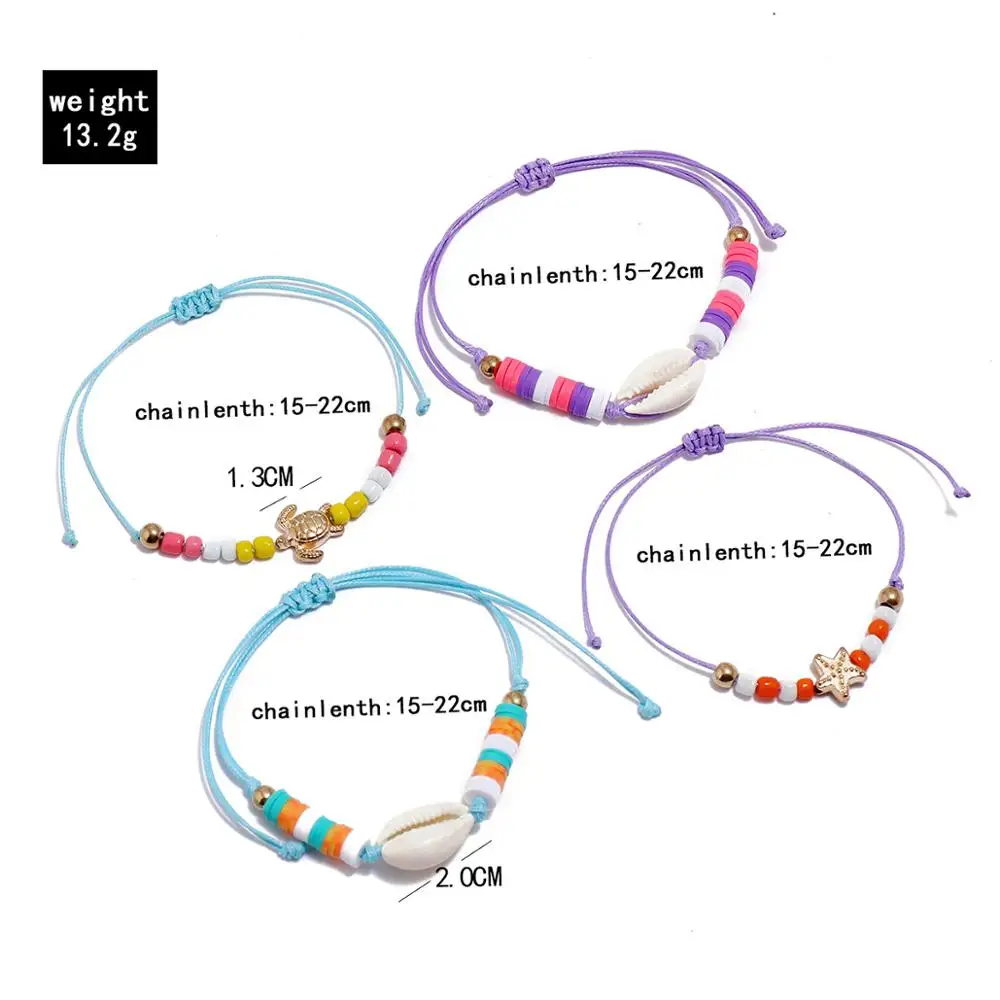 

4 Pcs/ Set Women Bracelets Set Boho Starfish Shell Turtle Bead Rope Chain Multilayer Bracelet Charm Lady Gold Jewelry Gift