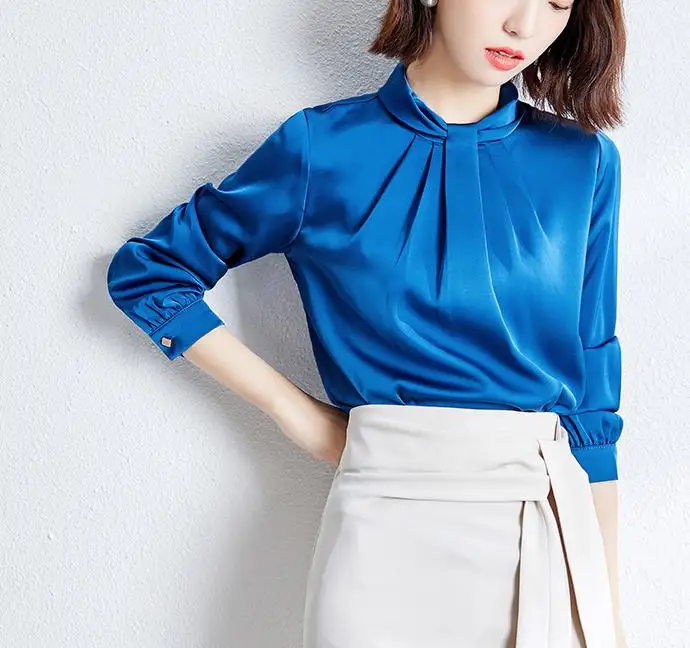 

Шикарная ацетатная атласная блузка с длинным рукавом и круглым вырезом для женщин, весна-осень, однотонная офисная одежда, рубашка, Женская ...