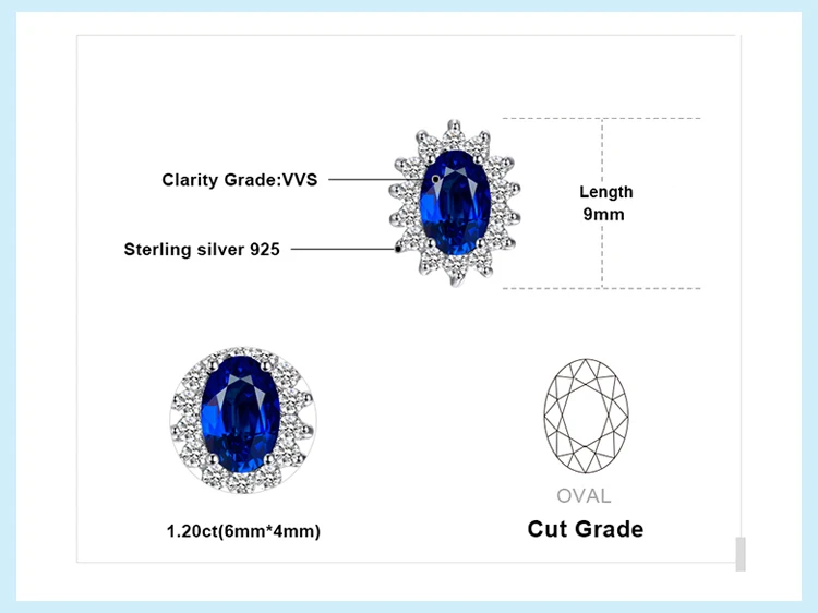 Jewelrypalace 1.5ct Овальный Синий сапфир Серьги Стад стерлингового серебра 925 Мода Принцесса Диана Обручение Свадебные аксессуары
